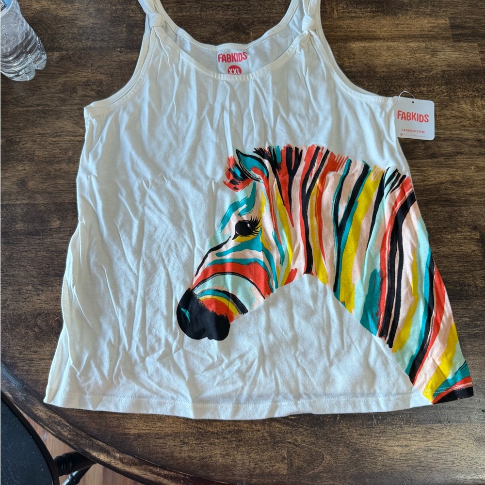 FabKids White Tank with Multicolor Zebra Design